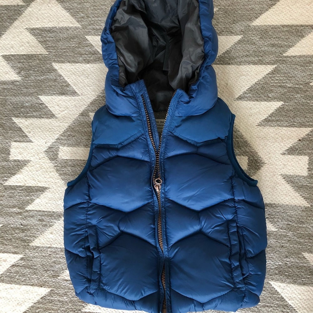 Blue hooded puffy vest with gray lining- like new!